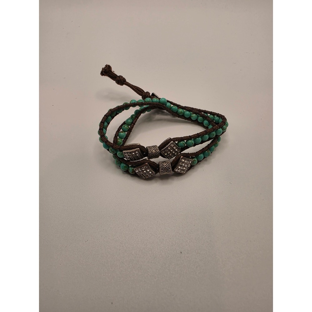 Katie Soleil Handmade Turquoise‎ Bead Rhinestone Brown Cord Wrap Bracelet 14in